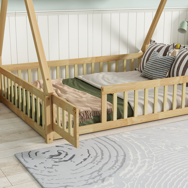 Sailvan Full Size Rubber Wood Tent-shaped Floor Bed,with Guardrails,Slats and Door, Natural