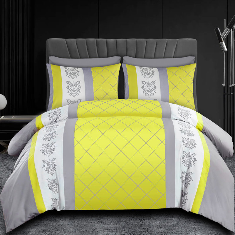 Microfiber Geometric Duvet Cover Set, Single (135cm x 200cm), Yellow & Grey