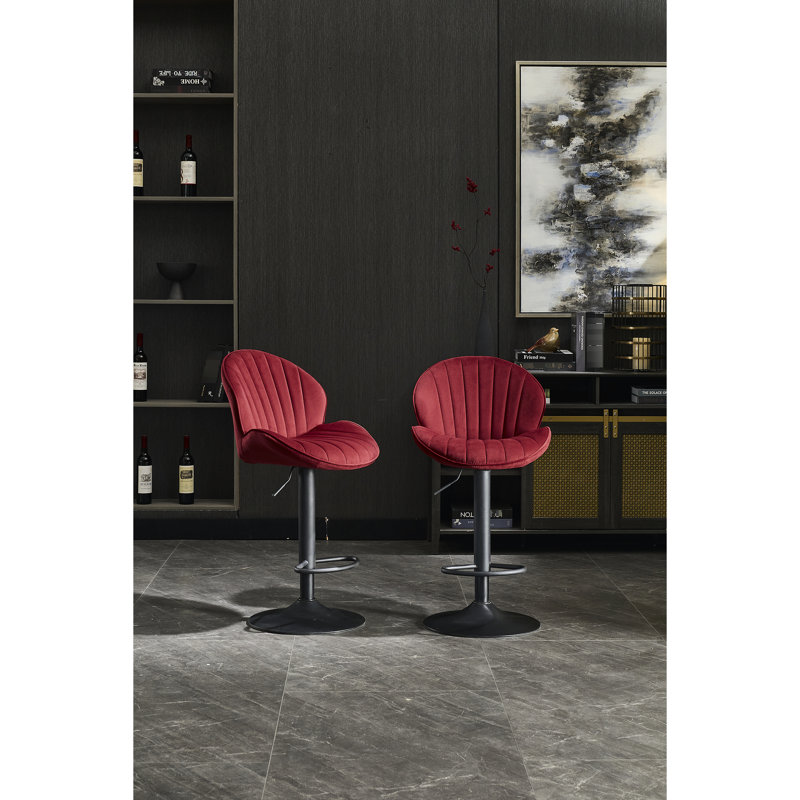Red Bar Stools Of 2 - Adjustable Counter Height Chairs With Back And Footrest For Kitchen Pub, Metal Base, Fabric Covering, Foam Filled Comfort High Resilience Filling