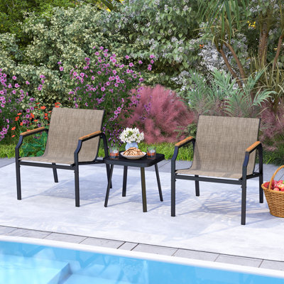 3 PCS Outdoor Chair Set Metal Frame Armchair & Table w/ Breathable Fabric Seat by Ebern Designs