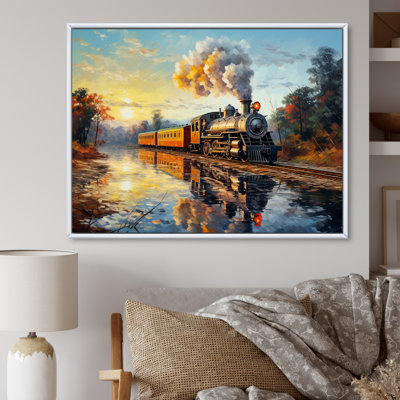 Peinture d'un train à vapeur au coucher du soleil