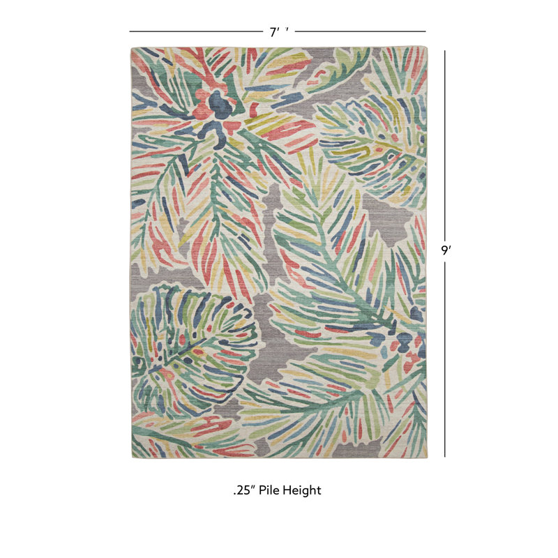 Tapis intérieur / extérieur floral lavable à la machine Kivett, Rectangle 7 pi x 9 pi