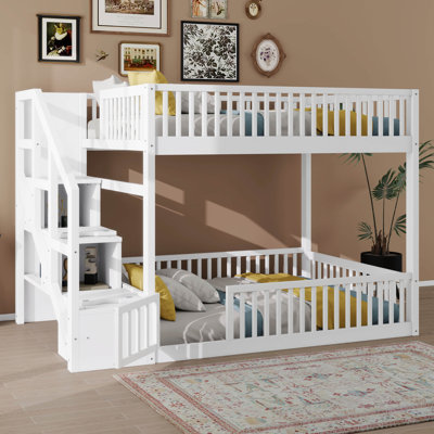 Bunk Bed With Storage Staircase And Guardrails, Wood Floor Bunk Bed Frame With Sturdy Slats Support