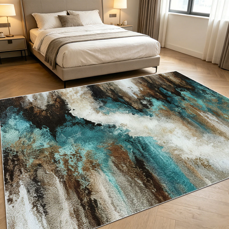 1PC Abstract Teal & Brown Cream Brushstroke Watercolor area rugs for Living Room, Soft and Comfortable, Suitable for all seasons, easy-to-maintain, machine washable Indoor floor mat, Under Table Farmhouse suitable for dining room, bedroom, entryway,