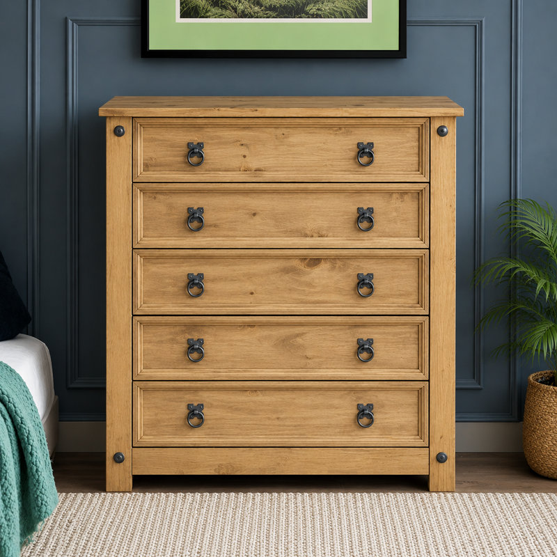 Stephania 5 Drawer 89Cm W Solid Pine Wood Chest of Drawers Corona Design