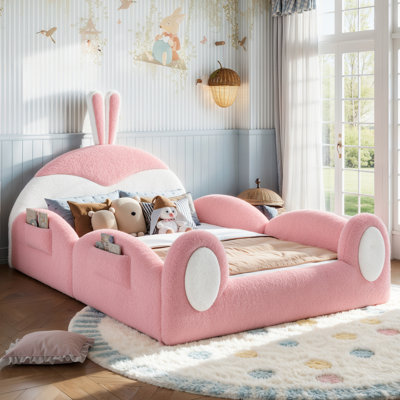 Wood Upholstered Platform Bed with Pockets, Headboard, Guardrails and Slats