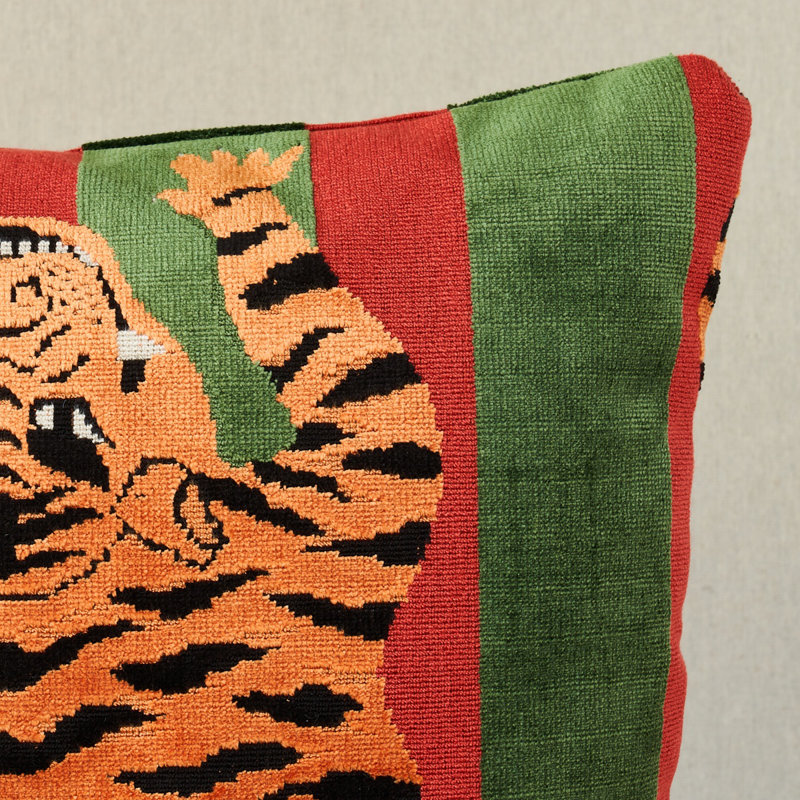 Jokhang Tiger Velvet Pillow, Red/Green