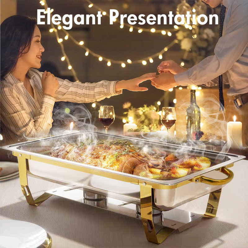 Prep & Savour 2pk 8QT-9QT Rectangular Semi-Gold-Plated Stainless Steel Chafing Dish