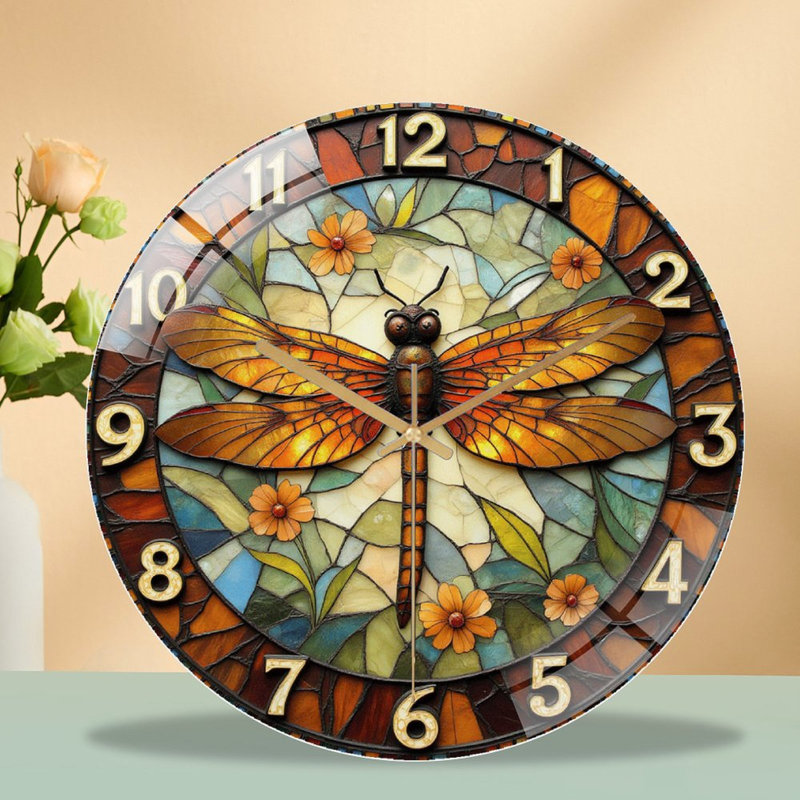 Stained Glass Dragonfly Wall Clock Decorative Art Art - 12'' Modern Glass Wall Clock
