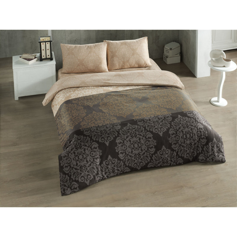 Ensemble de housse de couette en mélange de coton Claypool, Housse de couette simple + 1 taie d'oreiller 31 po, Gris / crème