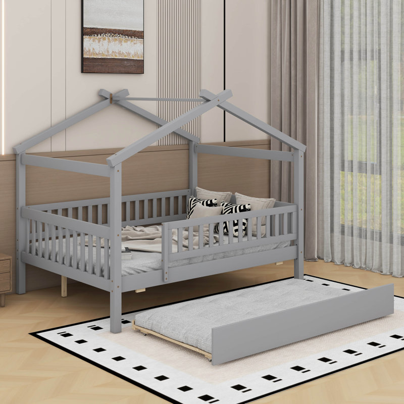 Lit double en bois avec lit gigogne, Gris, Lit double