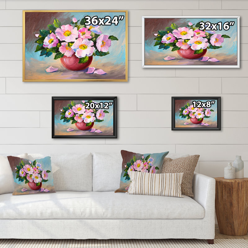 «Still Life Spring Pink Flowers In Vase», reproduction sur toile avec cadre flottant, H 8 po x l 12 po x P 1 po