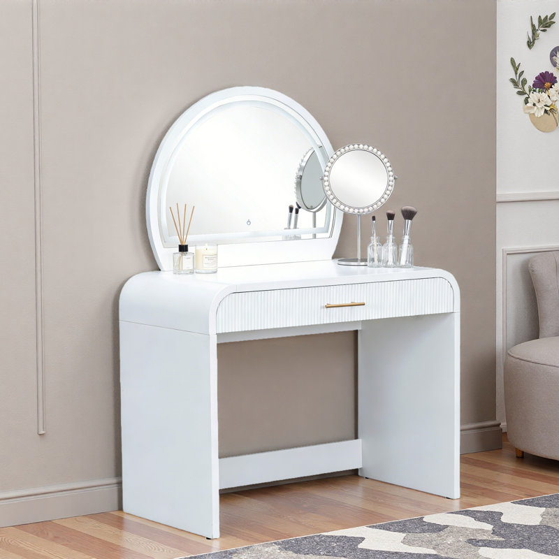 Coiffeuse de maquillage avec miroir lumineux à écran tactile, coiffeuse avec tiroir et bords arrondis