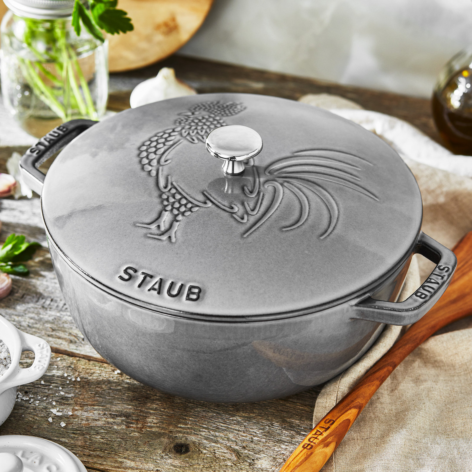 Staub Enameled Cast Iron Rooster Dutch Oven, Graphite Grey