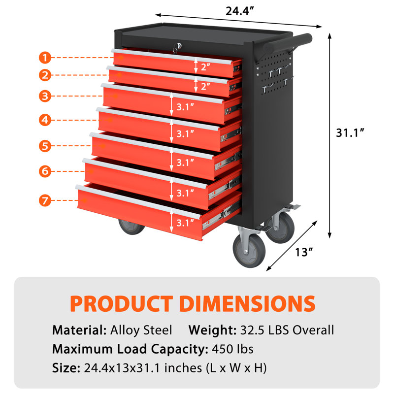 Efficient Storage Tool Cart & Worktable With Smooth Drawer Slides And Versatile Organization, Black/Red