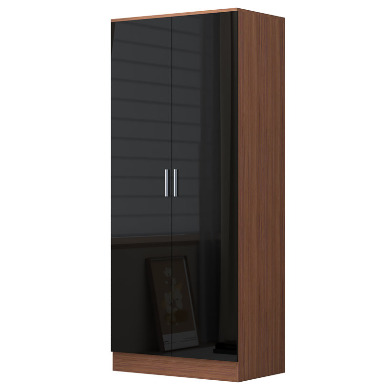 Eva High Gloss 2 Door Plain Wardrobe - H: 180cm x D: 47cm x W: 76cm, Walnut/Gloss Black