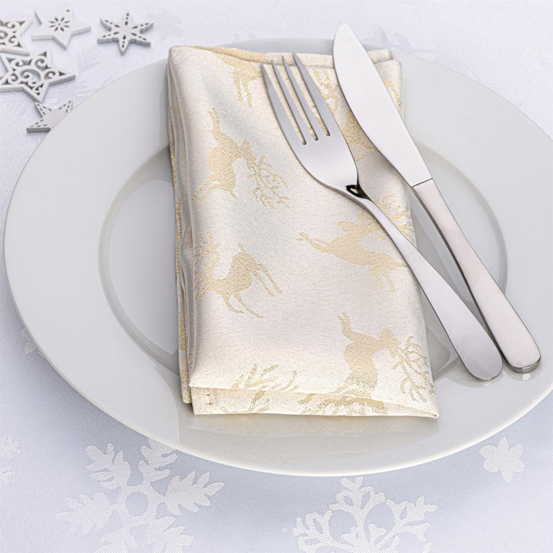 Anaee Polyester Metallic Deer Square Napkin, Gold/Cream