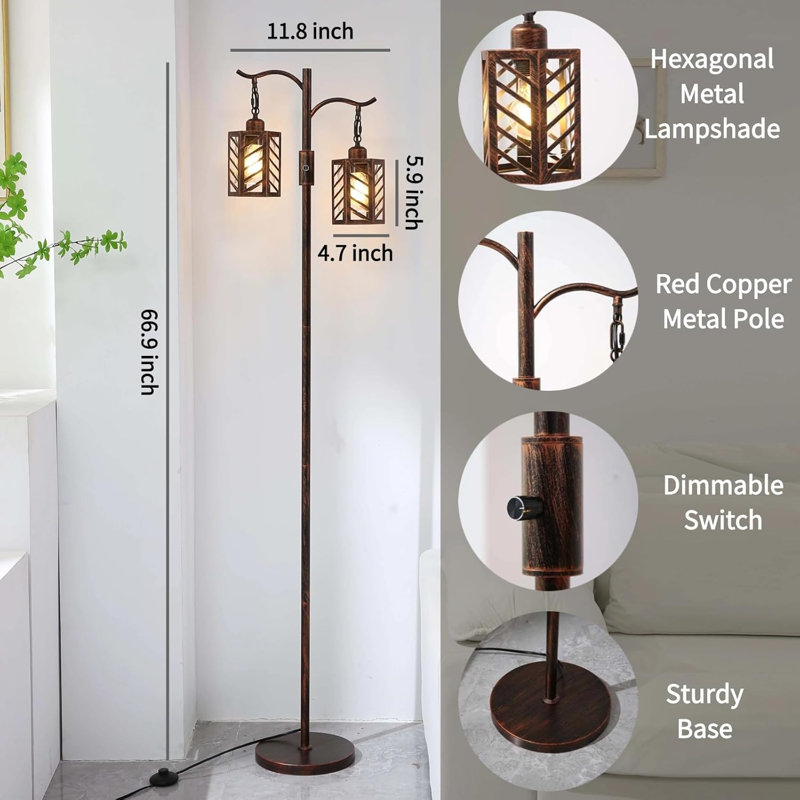 Vintage Industrial Dimmable Floor Lamp With 2 Lantern Shades, Rustic Farmhouse Lamp For Living Room, Bronze Gold