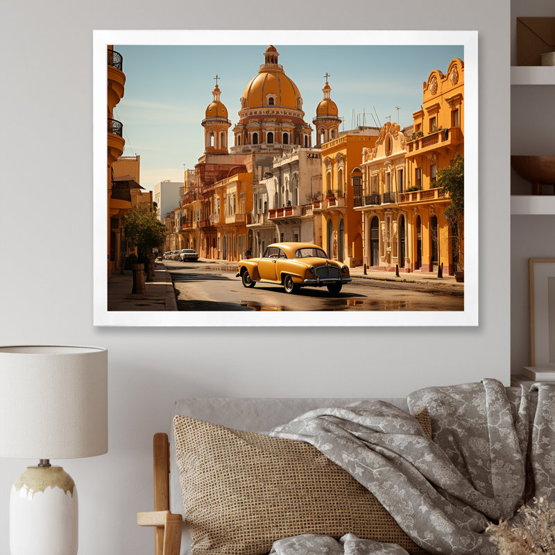 Architecture coloniale jaune de Cuba I, Cadre simple blanc, H 30 po x l 40 po x P 1,5 po