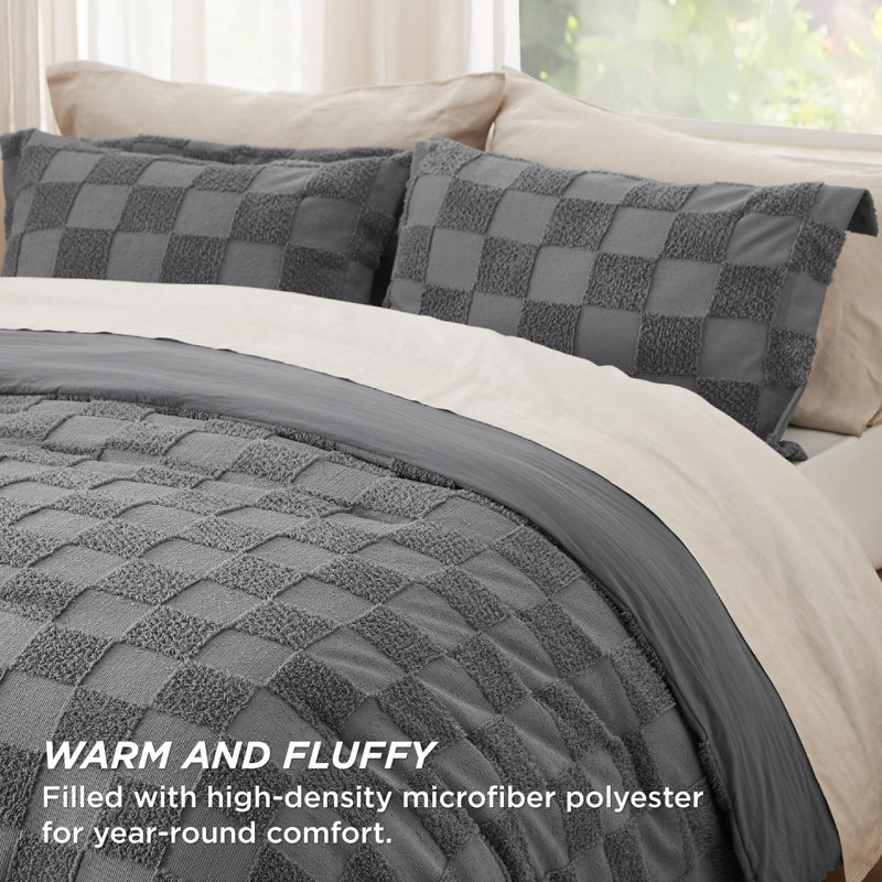 Bedsure Queen Size Comforter Set Dark Grey, Boho Tufted Bed Set, Checkered Farmhouse Shabby Chic Bedding, 3 Pieces, 1 Plaid Geometric Comforter and 2 Pillow Shams