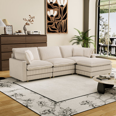 Beige Modular Sectional Couch, Deep Seating With 4 Pillows, Modern L-shape For Home, Solid Wood Frame Included Home Decor - Seat, L-shaped, Construction