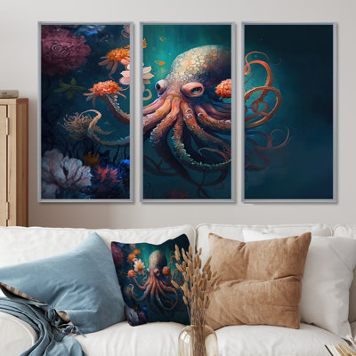 «Nakea Octopus In The Ocean With Flowers III», reproduction sur toile 3 pièces