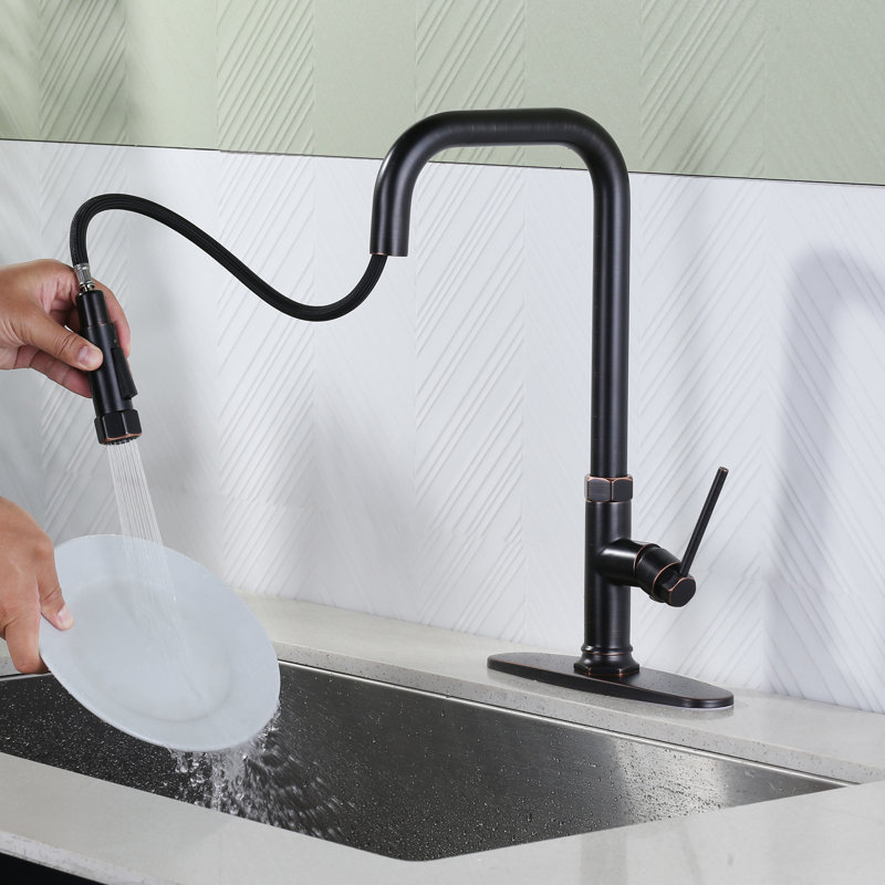 Oil Rubbed Bronze Single Handle Pull Down Kitchen Faucet with Deck Plate