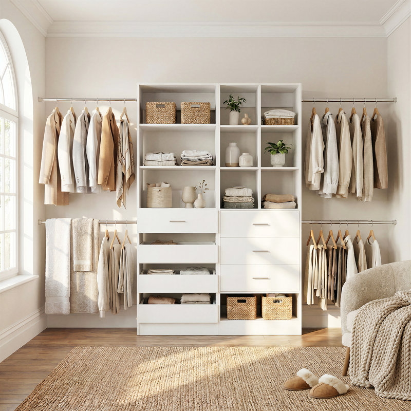 Système de rangement modulaire avec 4 tringles de suspension, 3 tablettes et 7 tiroirs - Solution de rangement polyvalente