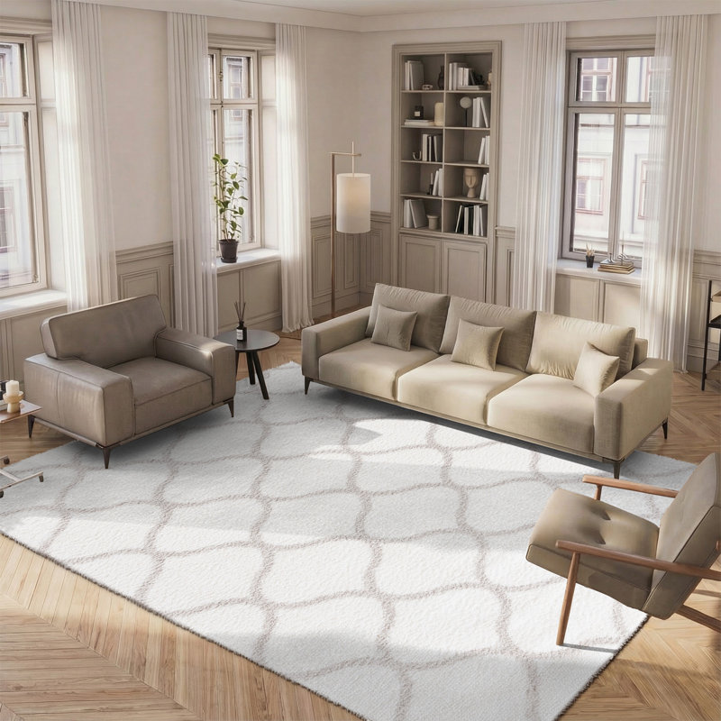 Tapis géométrique tissé à la machine blanc / argenté, Rectangle 8 pi x 10 pi