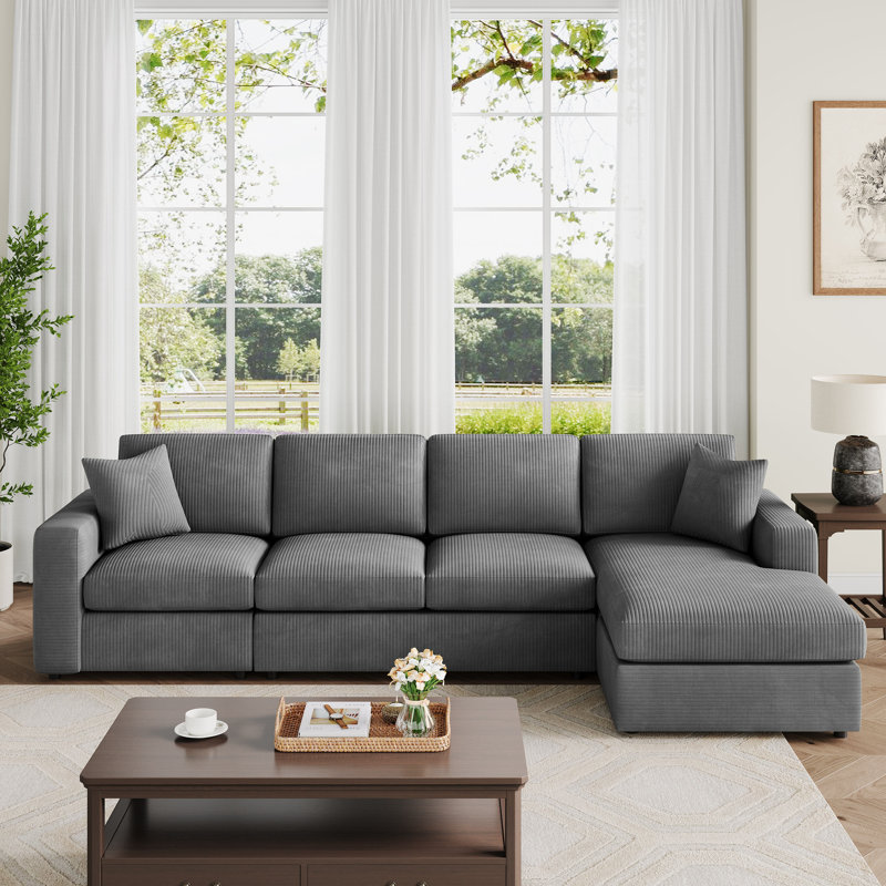Canapé modulaire en L 3 pièces en velours côtelé, Velours côtelé gris