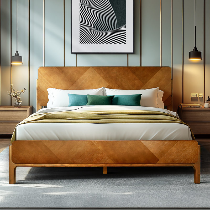 RORNS Bifrost 100% Solid Acacia Wood Queen Platform Bed with Tall Headboard and Footboard, Mid-Century Art Deco Design, No Box Spring Needed, Sturdy Slat Support, Scratch & Water-Resistant, Caramel Finish