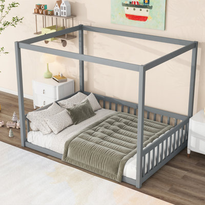 Canopy Frame Rubber Wood Floor Bed with Fence