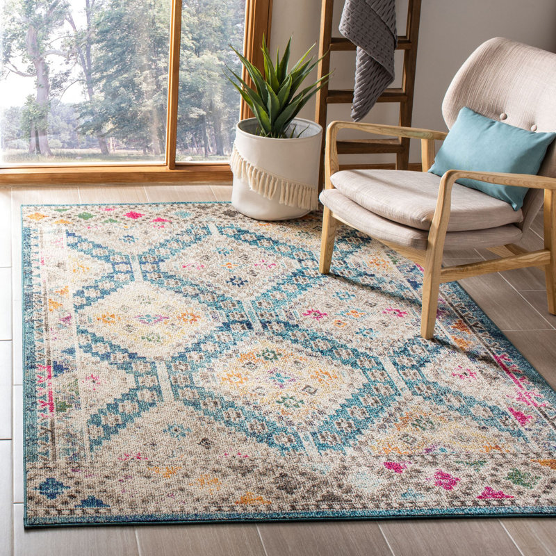 Tapis bleu foncé / jaune / beige Felty Southwestern, Rectangle 5 pi 3 po x 7 pi 6 po