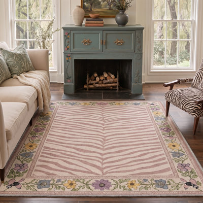 Tapis rose / ivoire à motif animal lavable à la machine avec envers antidérapant