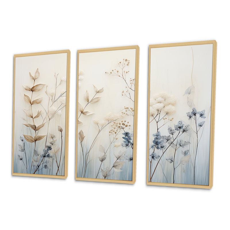 Beige And Blue Herbs Minimal Harmony - Floral Herbs Wall Art Print Set, 40" H x 60" W x 1" D, Natural Floater Framed