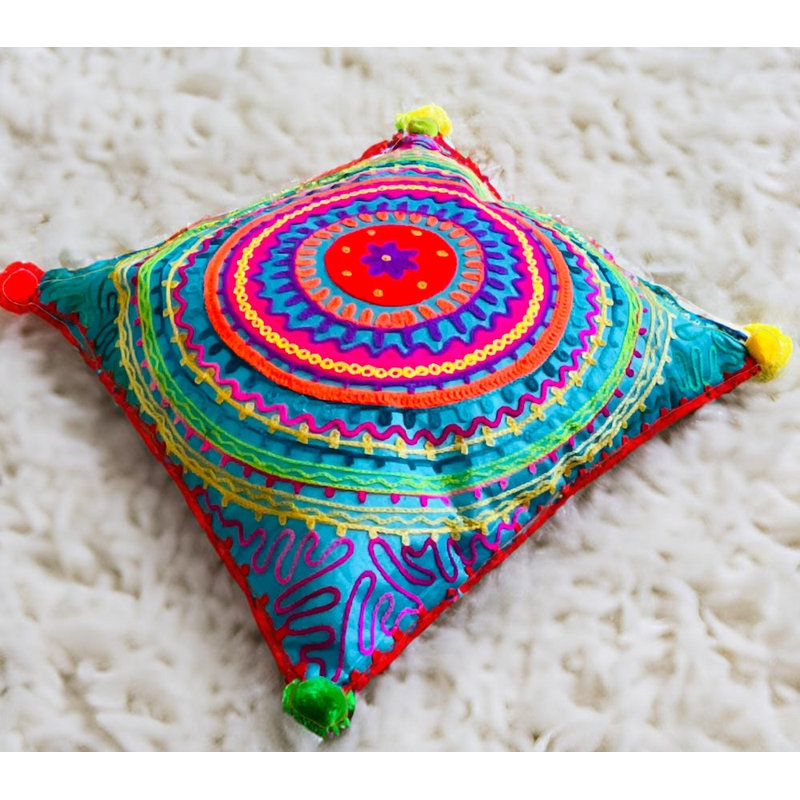 Handmade Embroidered Multi Colour Bohemian Vibrant 40 cm x 40 cm Cushion Covers Three Designs, Turquoise