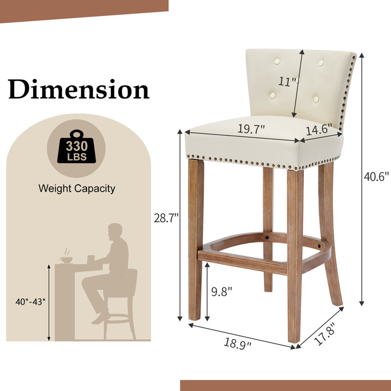 Set of 2 Bar Stools with Backrest, Genuine Leather Seat and Solid Wood Frame, Counter Height Chairs for Kitchen Island and Dining Room