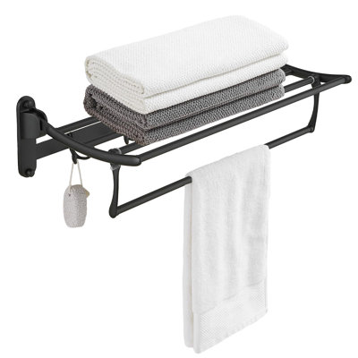 Porte-serviettes 24 pouces noir mat, tablette de salle de bain avec porte-serviettes pliable et crochets à serviettes, porte-serviettes doubles