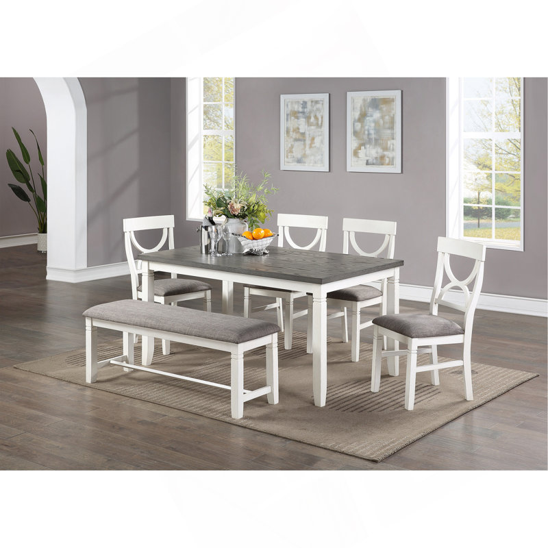 Table de salle à manger 6 pièces avec 4 chaises et un banc en bois d'hévéa