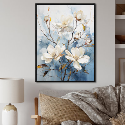«Magnolias Blossom I» blanc et bleu sur toile