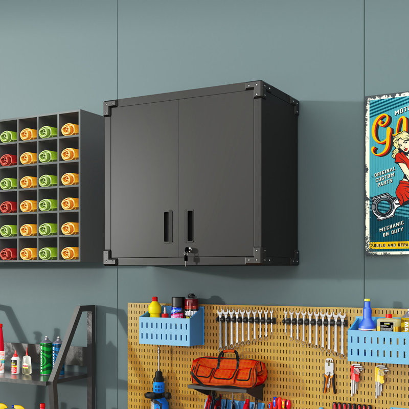 Armoire de rangement murale en métal avec porte verrouillable et 1 tablette 1 tiroir ouvert pour garage, entrepôt, assemblage requis