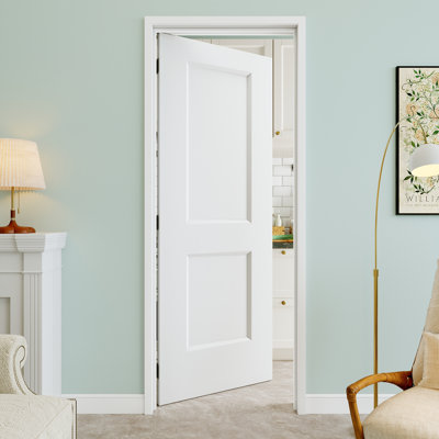 Porte intérieure pré-suspendue à 2 panneaux 28 po x 80 po avec charnières noires, finition blanche et peinturable, durable et imperméable, combinaison pour la lessive, portes de placard, portes de pièce, main gauche