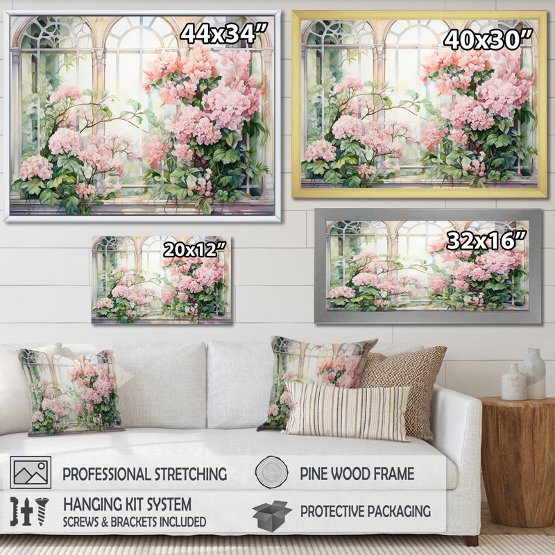 «Pink Blossoming Country Window Gaze III», art mural grande fenêtre, Cadre flottant blanc, H 12 po x l 20 po x P 1 po