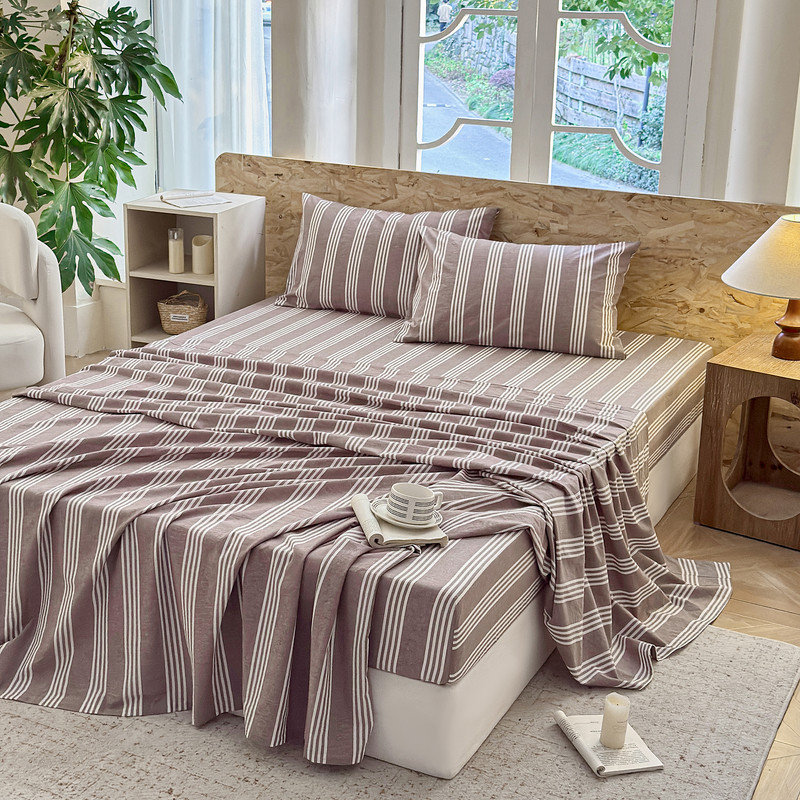 Striped Bed Sheet Set 4 Pieces Soft Washed Cotton 1 Flat Sheet 1 Fitted Sheet 2 Pillowcases, Brown Striped