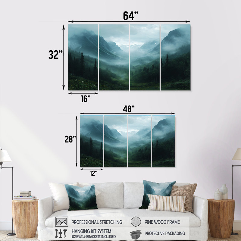 Misty Mountain Valley - La- Mountain - Art mural traditionnel pour le salon, H 28 po x l 48 po, 4