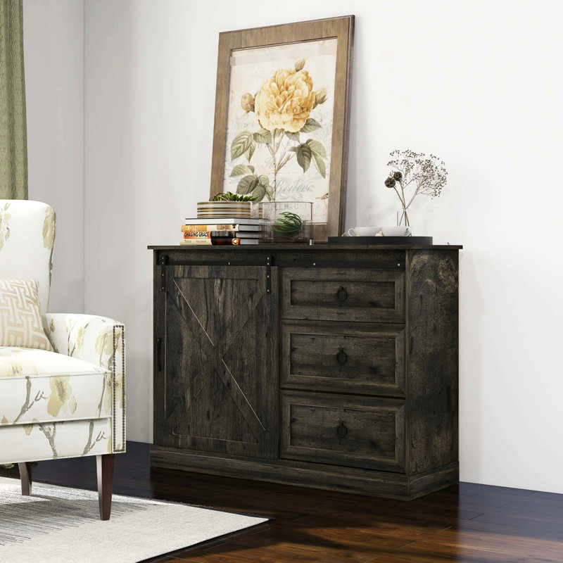 Buffet gris foncé avec rangement à 3 tiroirs et porte de grange coulissante, tiroirs de porte pour le salon,