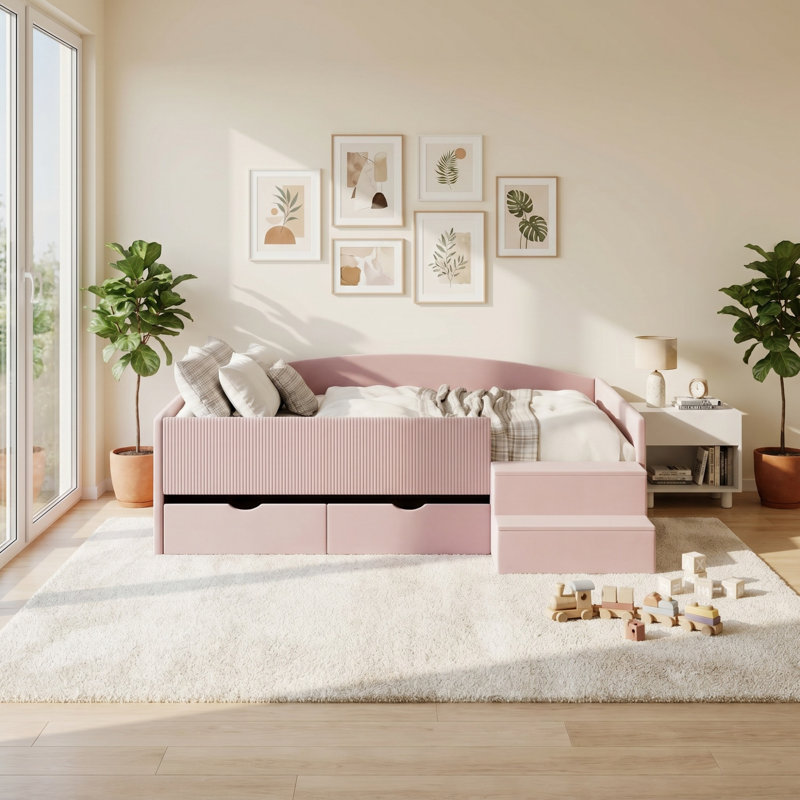 Structure de lit de jour rembourrée de qualité supérieure avec 2 tiroirs de rangement, lit plateforme moderne pour l'organisation de la chambre des enfants