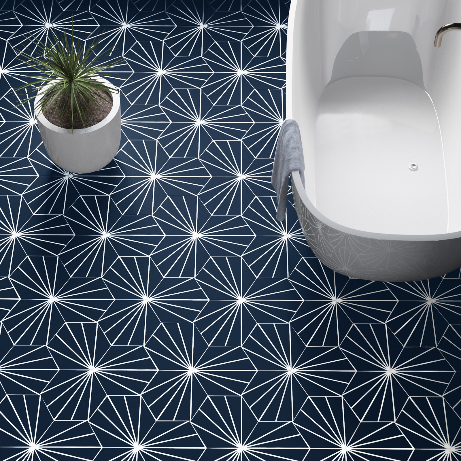 Menara 8" x 9" Cement Patterned Tile, Navy Blue/White