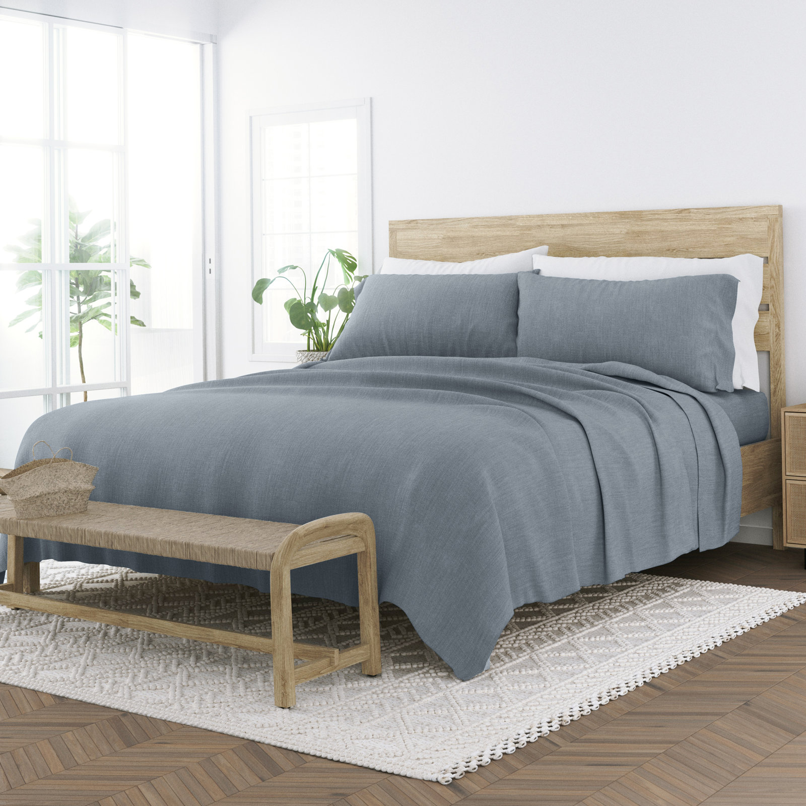 Linen Bamboo-Blend Breathable Luxury Bed Sheet Set, Light Blue, Full Sheet Set + Fitted Sheet + 2 Pillowcases