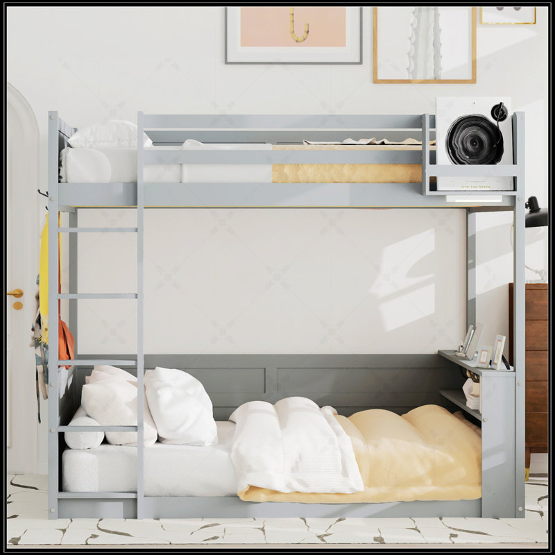 Grand lit superposé en bois avec tablettes intégrées, rangement, lumière DEL et station de charge USB, gris